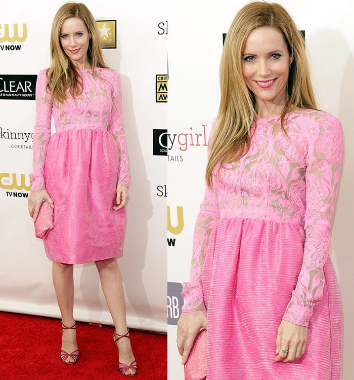 Leslie Mann in an Honor dress with Jimmy Choo heels, a Tiffany’s clutch, and an Irene Neuwirth ring at the 18th Annual Critics' Choice Movie Awards