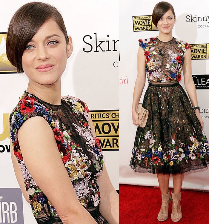 Marion Cotillard in a Zuhair Murad dress, Jimmy Choo shoes, a Christian Louboutin clutch, and Chopard jewelry at the 18th Annual Critics' Choice Movie Awards