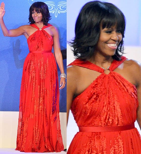 First Lady Michelle Obama looking radiant in a ruby red Jason Wu chiffon and velvet gown at the 57th Presidential Inauguration