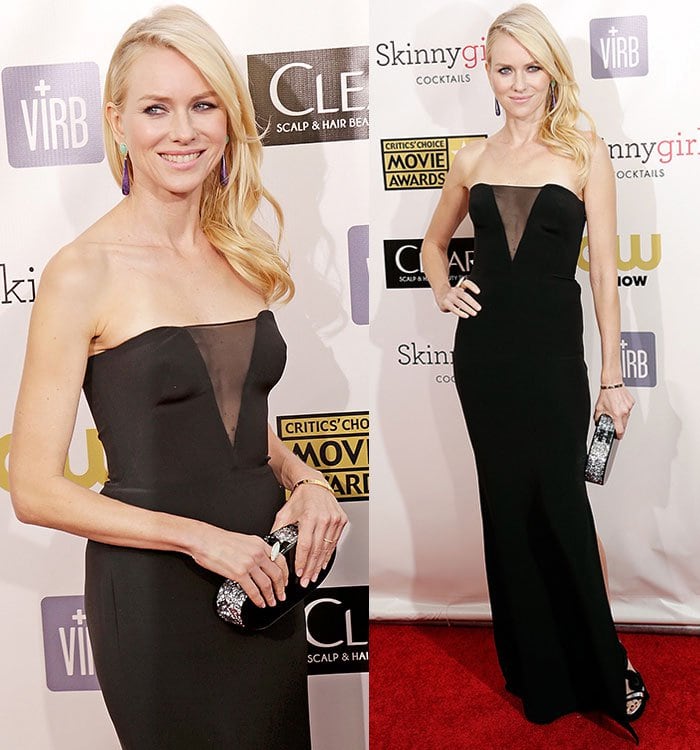 Naomi Watts in a black Emilio Pucci dress, Nicholas Kirkwood shoes, an Edie Parker purse, and Irene Neuwirth jewelry