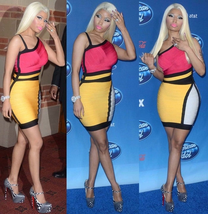 Nicki Minaj wearing a color-blocked Hervé Léger bandage dress at the American Idol Season 12 premiere held at Royce Hall at University of California Los Angeles, in Los Angeles, California, on January 9, 2013