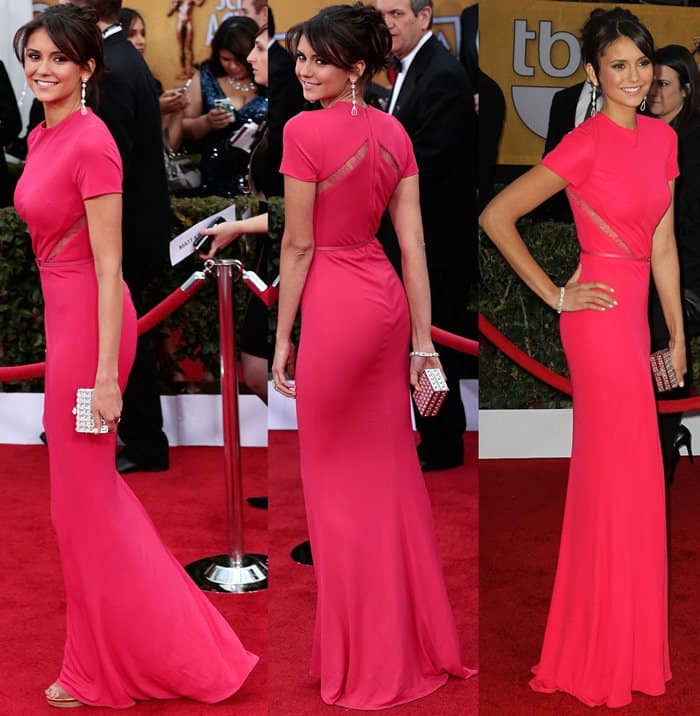 Nina Dobrev in a stunning pink Elie Saab gown at the 19th Annual Screen Actors Guild (SAG) Awards