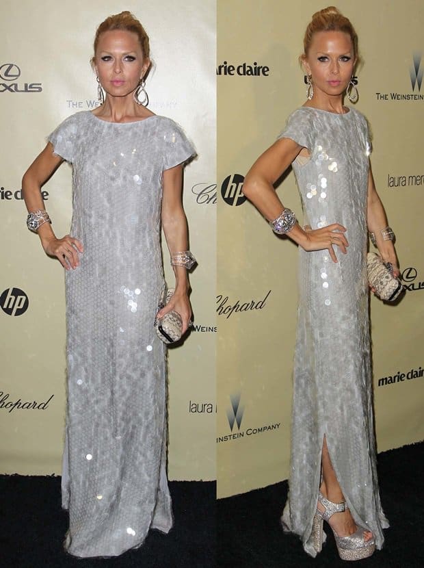 Rachel Zoe in a floor-length sequined dress at The Weinstein Company's 2013 Golden Globe Awards