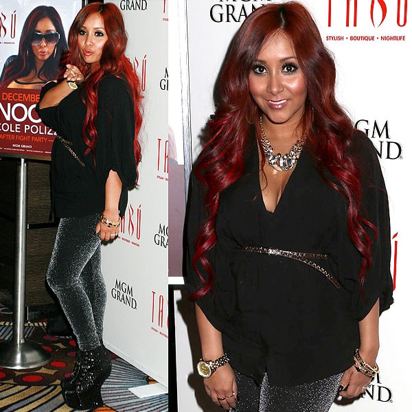 Nicole 'Snooki' Polizzi dazzles in glittery leggings and bold heel-less booties while hosting a post-fight party at Tabu Ultra Lounge in Las Vegas on December 8, 2012