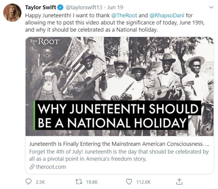 Taylor Swift expresses why she believes Juneteenth should be a national holiday
