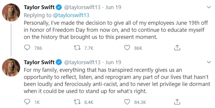 Taylor Swift commits to giving her employees Juneteenth off and emphasizes the importance of anti-racism and using privilege for good