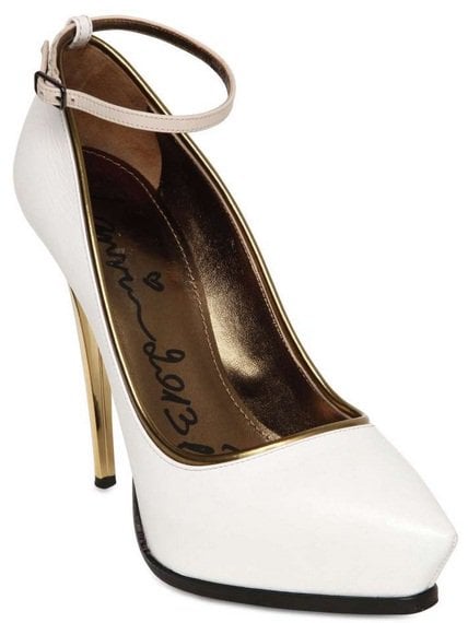 White Lanvin pumps with 5-inch gold mirror heels, detachable ankle straps, and really sleek pointy toes