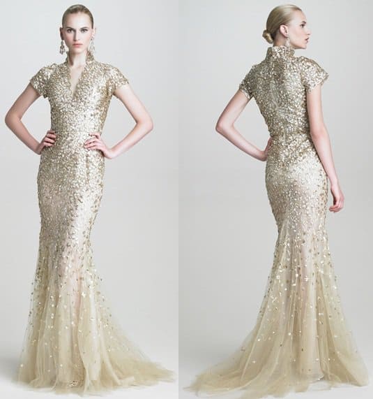 Sleek, sweeping, and incomparably opulent, this Oscar de la Renta gown features glittering embroidery on a dramatic silhouette
