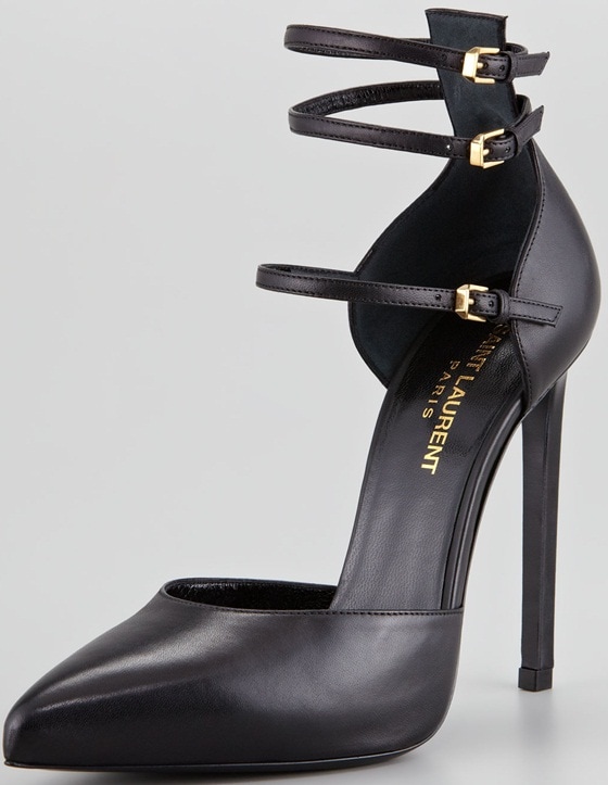 Saint Laurent Paris Triple-Strap Pumps in Black Leather