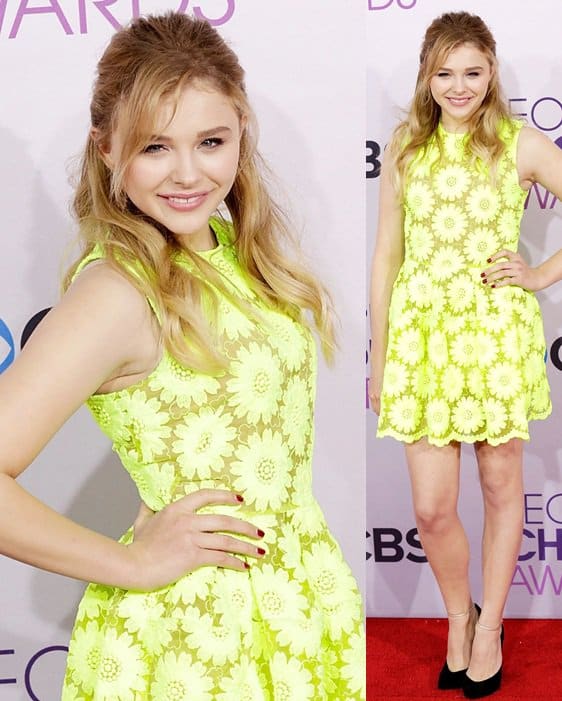 Chloe Moretz adds a pop of color in a chartreuse Simone Rochas dress at the People's Choice Awards, Los Angeles, 2013