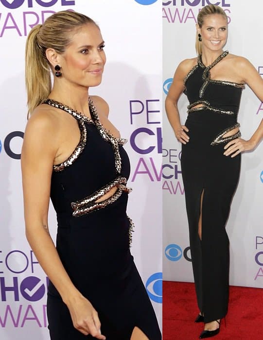 Heidi Klum elegantly pairs a gold-trimmed Julien MacDonald dress with Christian Louboutins at the People's Choice Awards, 2013