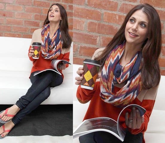 Samantha Harris wears a multicolored infinity wrap during a photo shoot in Beverly Hills