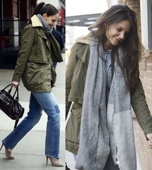 Katie Holmes combines comfort and style with a two-tone grey scarf for a New York City meeting, January 29, 2013