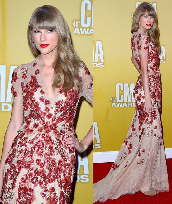 Making a glamorous statement at the 2012 Country Music Awards, Bridgestone Arena, Nashville, November 1, 2012, Taylor Swift stuns in a show-stopping nude Jenny Packham dress, embodying modern elegance
