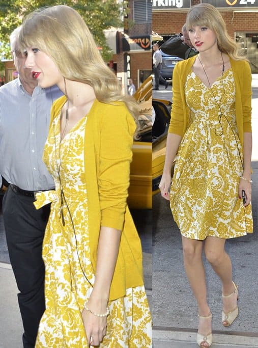 Captured heading to her hotel in New York on October 22, 2012, Taylor Swift radiates in a sunny mustard yellow floral dress paired with a matching cardigan, a testament to her ability to turn everyday moments into fashion statements
