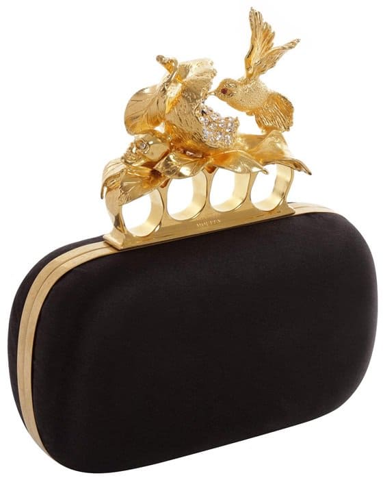 Alexander McQueen Black Satin Apple & Hummingbird Knucklebox Clutch