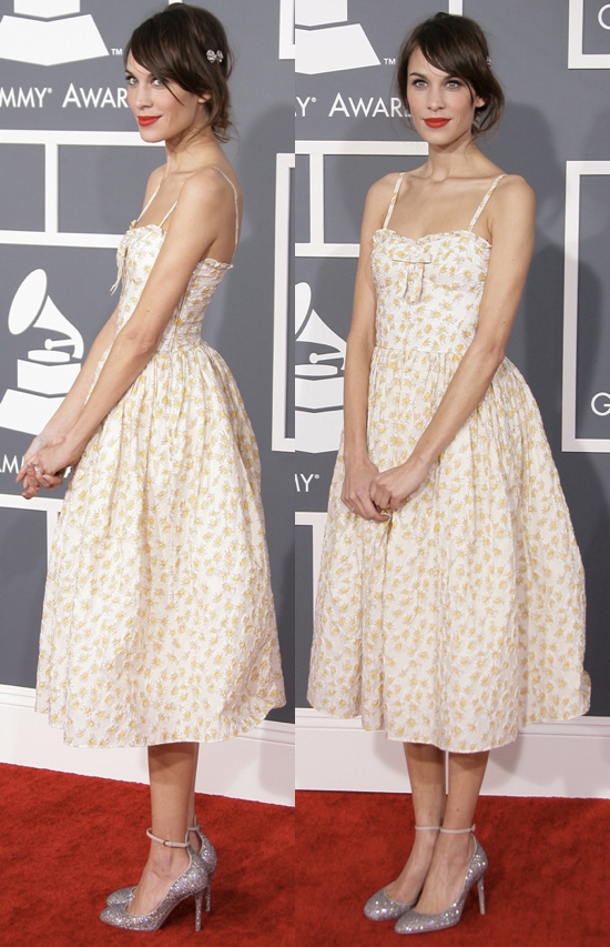 Alexa Chung in a daisy-printed Valentino Red tea-length dress at the 55th Annual Grammy Awards