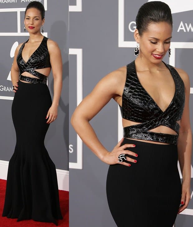 Alicia Keys wore a sexy Azzedine Alaia bodycon dress with Jimmy Choo shoes and Ofira jewelry