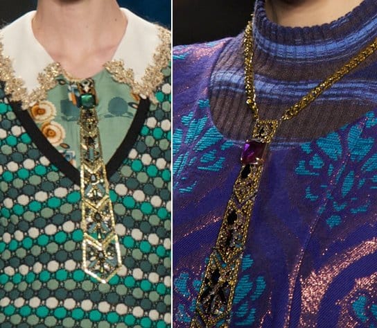 Models wearing bejeweled neckties on the runway at the Anna Sui Ready to Wear Fall/Winter 2013-2014 fashion show
