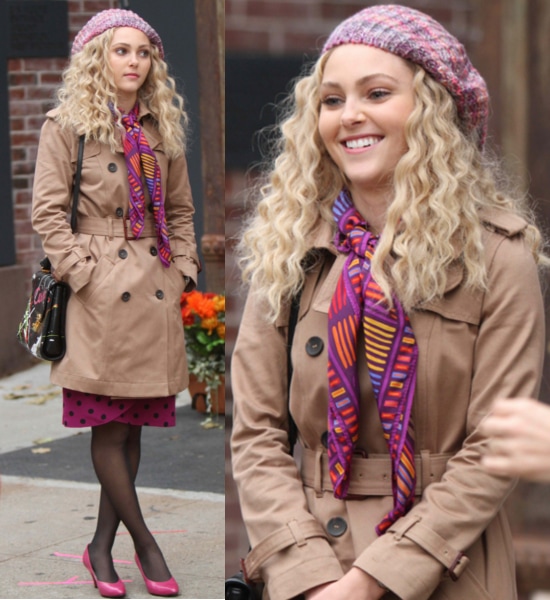 AnnaSophia Robb sports a timeless beige coat and printed pink silk scarf, filming for 'The Carrie Diaries' in NYC, October 26, 2012, showcasing Carrie's evolving style