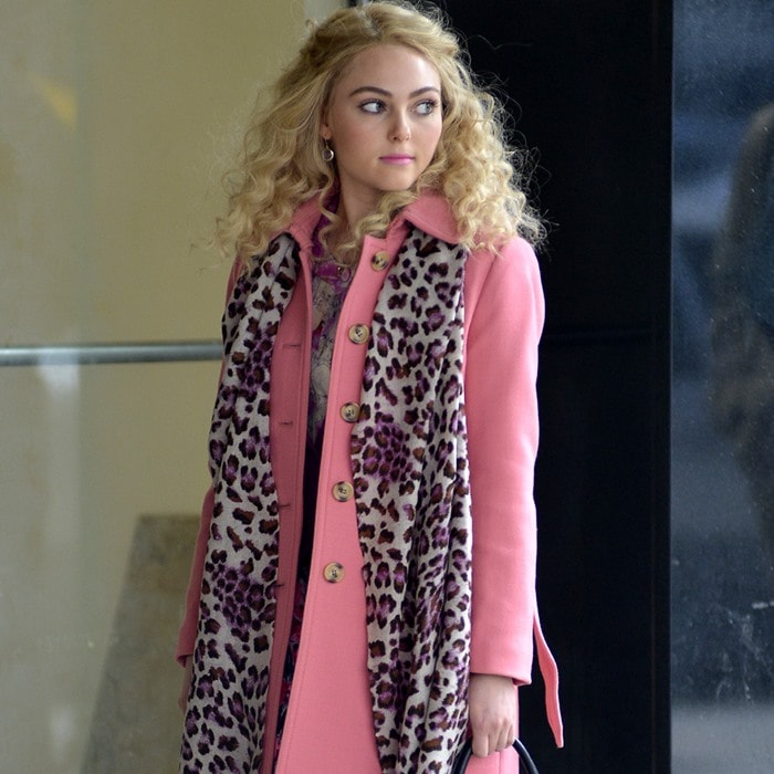 AnnaSophia Robb channels young Carrie Bradshaw in a chic pink coat and leopard-print scarf on 'The Carrie Diaries' set in Manhattan, NYC, February 6, 2013