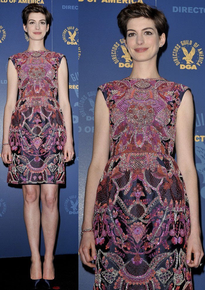 Anne Hathaway flaunts her legs in a beautiful Valentino Fall 2012 Couture dress