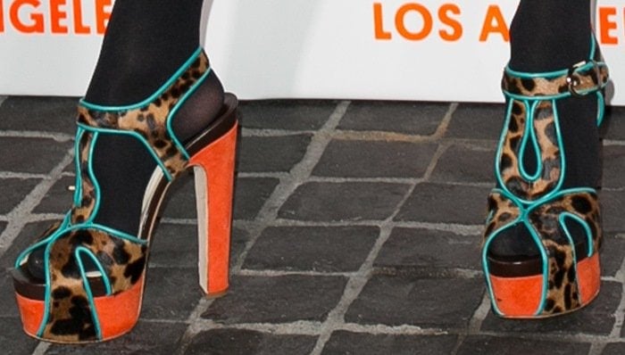 Jennifer Lopez's brightly trimmed animal-print platform sandals