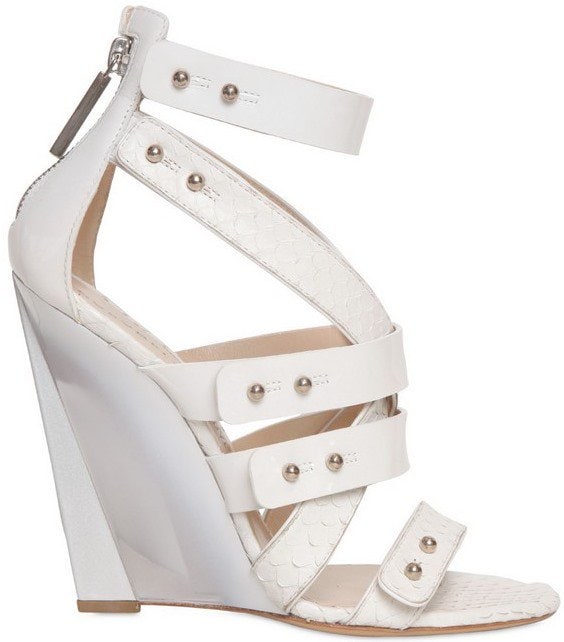 Casadei White 120mm Ayers Glossy Patent Blade Wedges