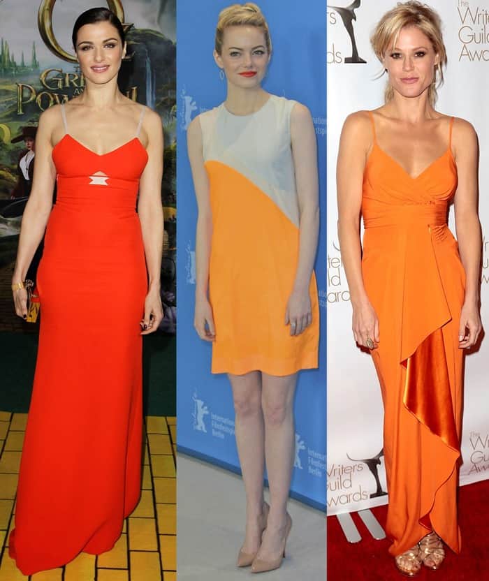 Celebrities wearing orange dresses on the red carpet
