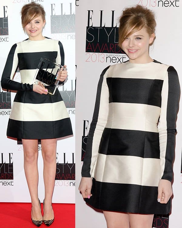 Chloë Grace Moretz exudes elegance and youthful charm in a Stella McCartney striped dress, complemented by Christian Louboutin Pivichic heels, at the Elle Style Awards