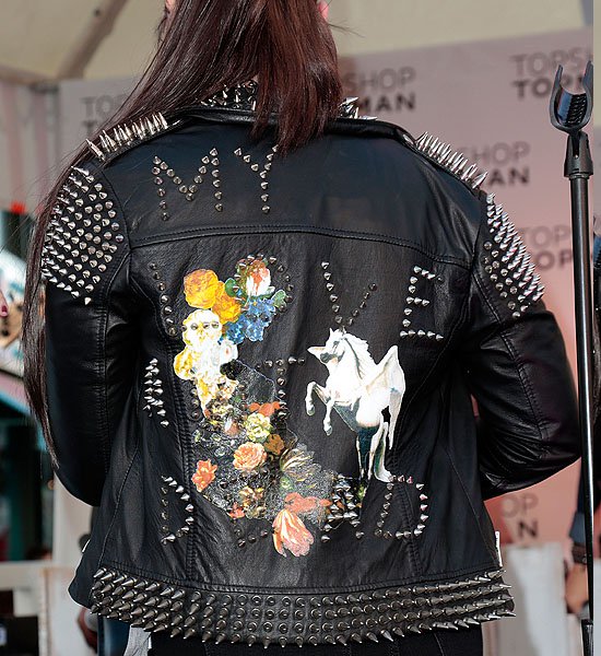 Demi Lovato wearing Topshop's spike-studded My Love Ain't Dead biker jacket