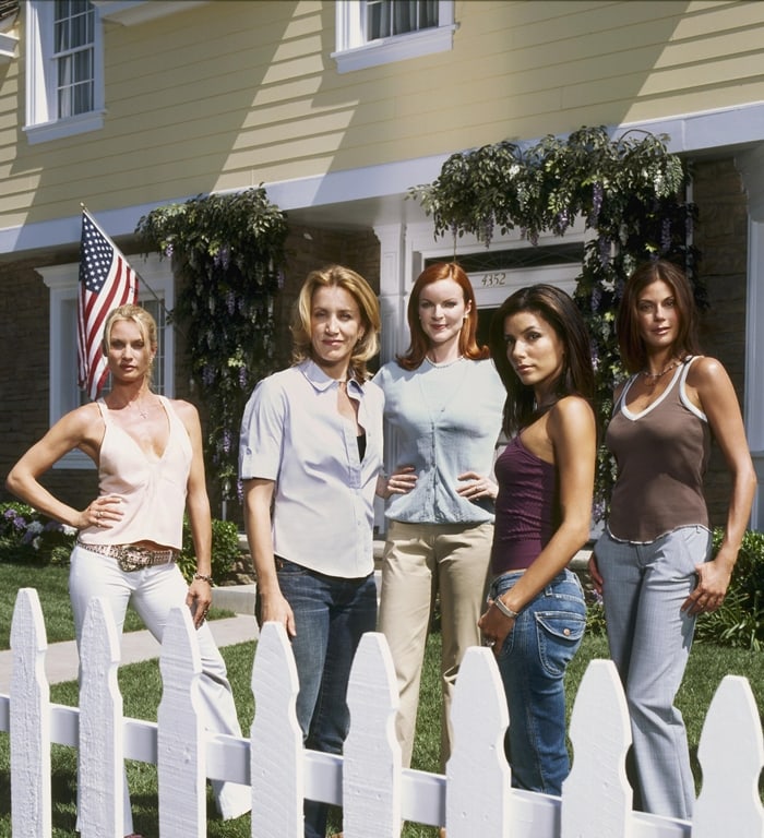 Nicollette Sheridan (as Edie Britt), Felicity Huffman (as Lynette Scavo), Marcia Cross (as Bree Van De Camp), Eva Longoria (as Gabrielle Solis), Teri Hatcher (as Susan Mayer) in Desperate Housewives