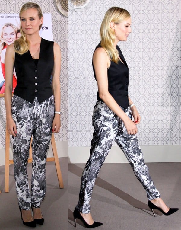 Diane Kruger elegantly paired a Stella McCartney Daisy wool-twill vest with Christine flower-print trousers and Manolo Blahnik BB point-toe pumps at the "Der Nächste, Bitte!" photocall on January 31, 2013, in Berlin, Germany