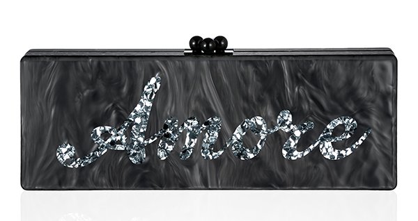 Edie Parker Bespoke Steel Pearlescent Flavia Clutch With Silver Confetti Text