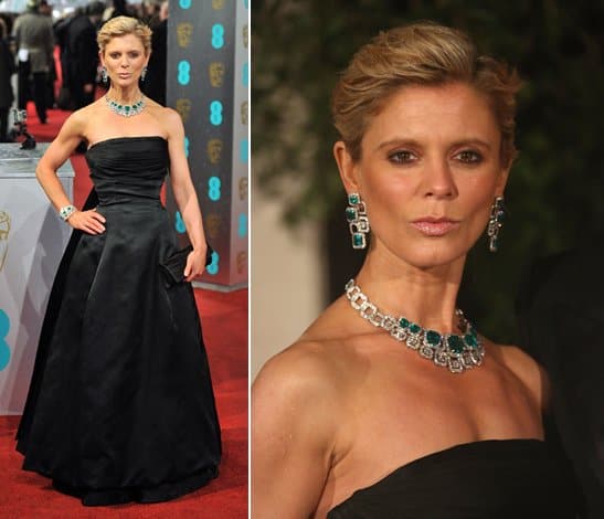 Emilia Fox arrives at the 2013 EE British Academy Film Awards (BAFTAs) held at the Royal Opera House (left) and at the after-party at the Grosvenor House Hotel (right)