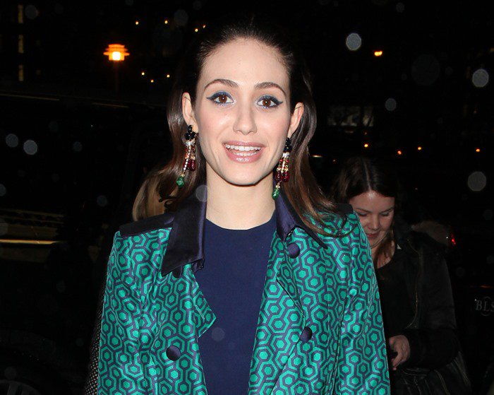 Emmy Rossum with blue eye shadow and green-bead-tipped drop House of Lavande earrings