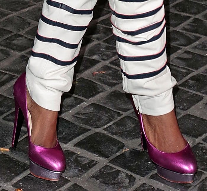 Estelle wearing Charlotte Olympia metallic ribbed heel 'Dolly' pumps