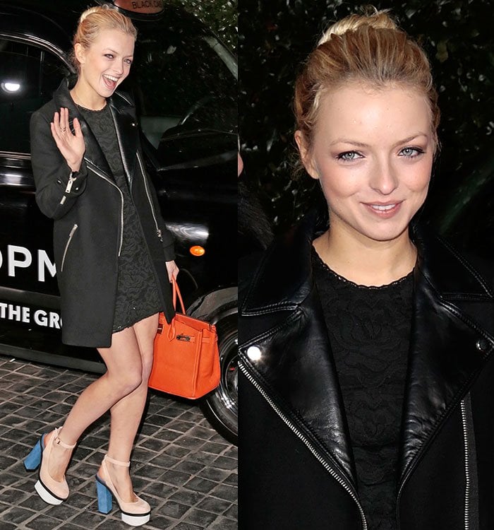 Francesca Eastwood keeps it chic in a black textured mini dress, leather jacket, and color-block platform pumps, accessorized with a bright orange handbag at the Topshop Topman LA launch