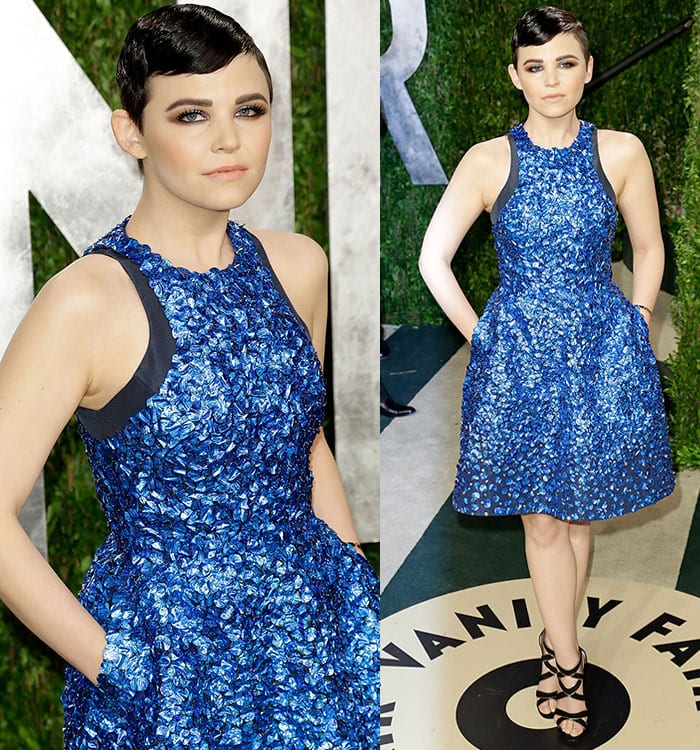 Ginnifer Goodwin in metallic blue fit-and-flare dress at the 2013 Vanity Fair Oscar party