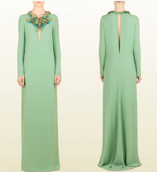 Gucci Pale Jade Light Sable Gown with Hand Embroidered Flora Neckline
