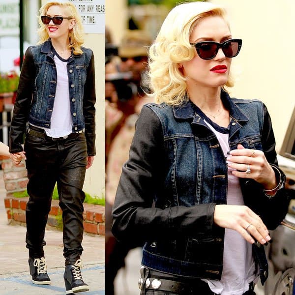 Gwen Stefani wears a Paige “Lenny” denim jacket while leaving Sunset Plaza