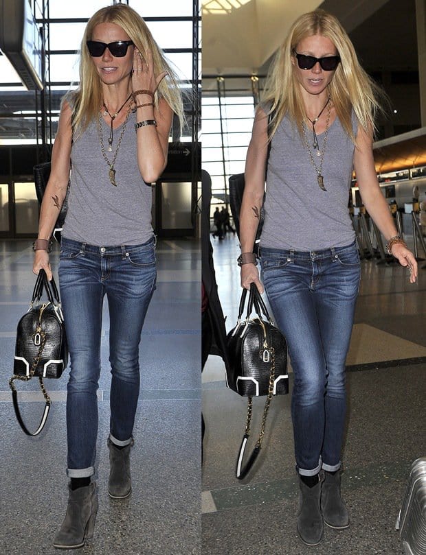 Gwyneth Paltrow was spotted at LAX Airport on January 19, 2013, sporting a stylish look with Laurence Dacade Pete suede booties, Rag & Bone Dre jeans in Wells, and accessorizing with an Alice + Olivia Olivia lizard embossed leather bag