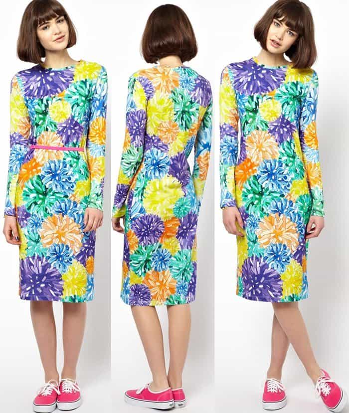 House of Holland Multicolor Long Sleeved Dress in Pom Pom Print
