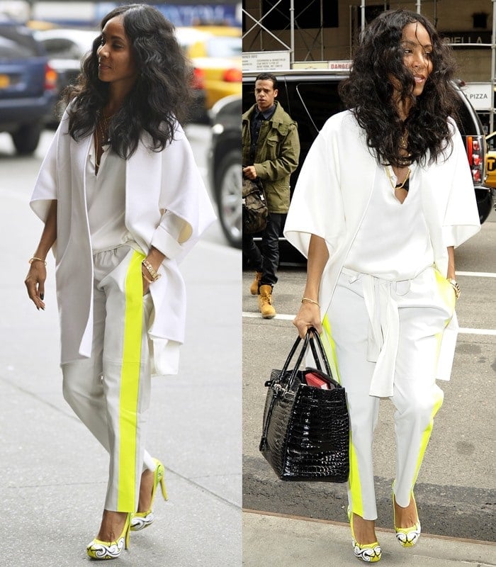 Jada Pinkett Smith wears white neon-trimmed Les Chiffoniers pants while out in Manhattan