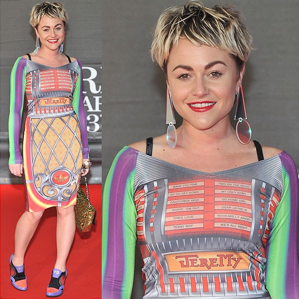 Jaime Winstone in a very colorful jukebox-inspired Adidas dress at the 2013 BRIT Awards held at O2 Arena in London, England on February 20, 2013