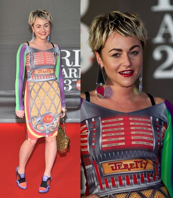 Jaime Winstone at the Brit Awards 2013, London: A bold choice with a jukebox-inspired Adidas dress that missed the mark for formal red carpet elegance