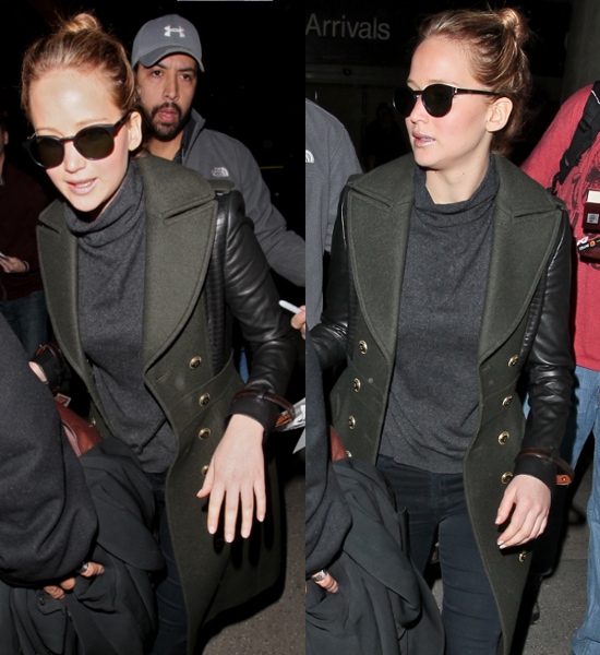 Jennifer Lawrence styled her Burberry coat with AG Jeans Super Skinny Legging jeans