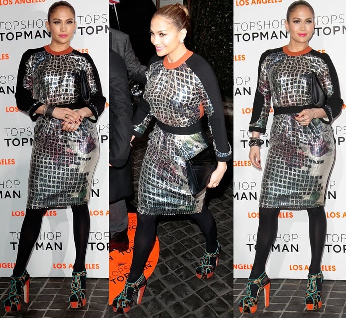 Jennifer Lopez paired her shimmery color-block dress with black tights