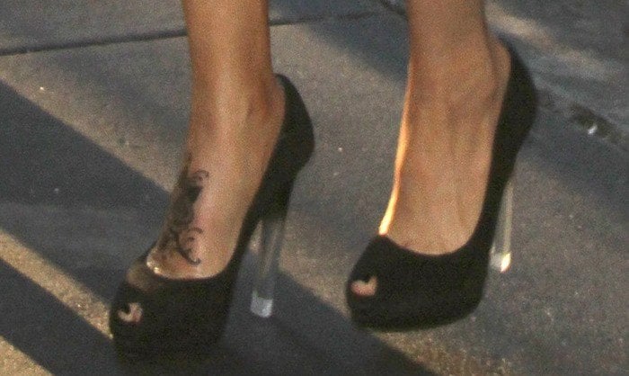 Jenny McCarthy's feet and foot tattoo in ombre-heeled Alexander McQueen shoes