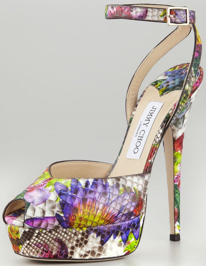 Jimmy Choo "Lola" Floral Python Print Platform Sandals